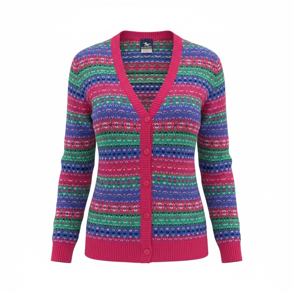 Vintage Y2K Primary Colors Silver Unicorn Fair Isle Button Front Sweater